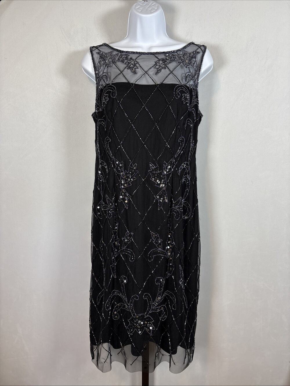 VTG Papell Studio Midi Dress Womens 8 Black Mesh Beaded Fairy Y2K Whimsigoth 90s